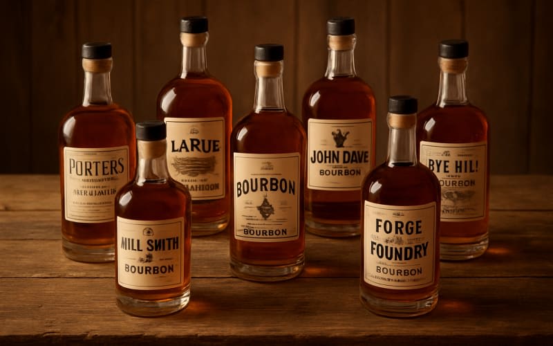 A selection of various small batch bourbon whiskey bottles artfully arranged on a rustic wooden table.