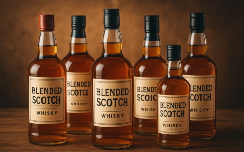 A collection of various affordable blended Scotch whisky bottles arranged aesthetically on a wooden surface. No Brand Names.