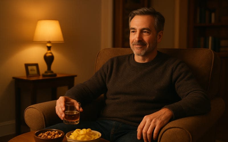 A middle aged man sitting in a cozy armchair setting with a glass of whiskey and an assortment of snacks on a table next to him.