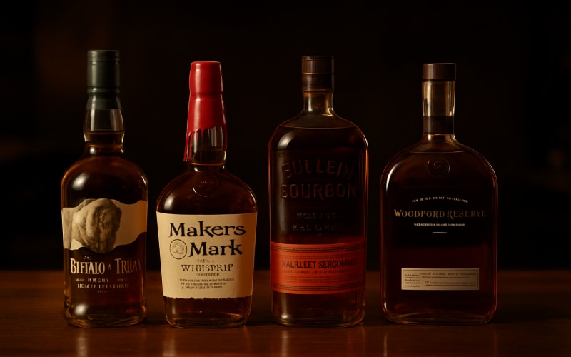 A selection of bourbon bottles on a wooden bar counter with dim lighting.