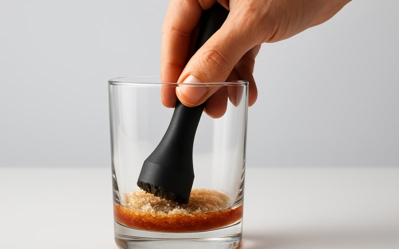 A close-up of a hand using a muddler to crush sugar and bitters in a glass.