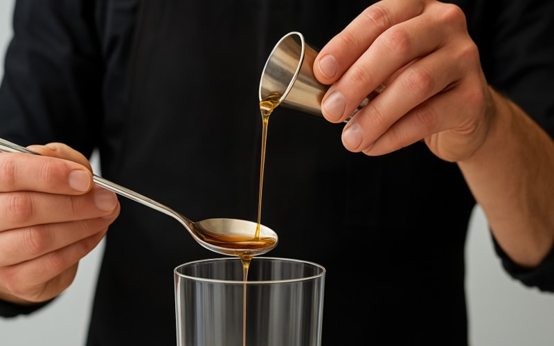 A close-up of a bartender pouring syrup into a glass with a spoon.