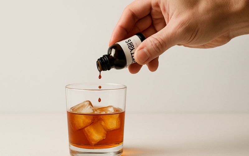 A close-up image of a hand pouring a few drops of bitters into a glass.