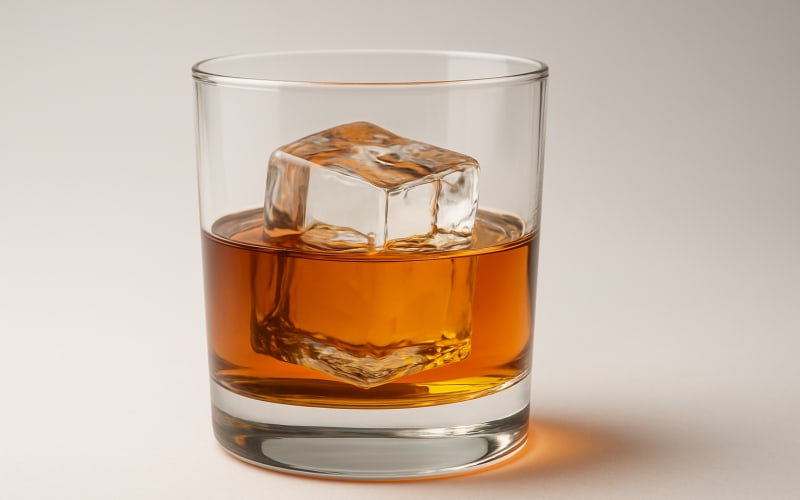 Close-up of a crystal-clear ice cube in a whiskey glass, half-filled with bourbon.