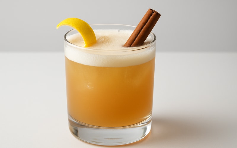 A close-up of a Spicy Rye Sour cocktail garnished with a lemon twist and a cinnamon stick.