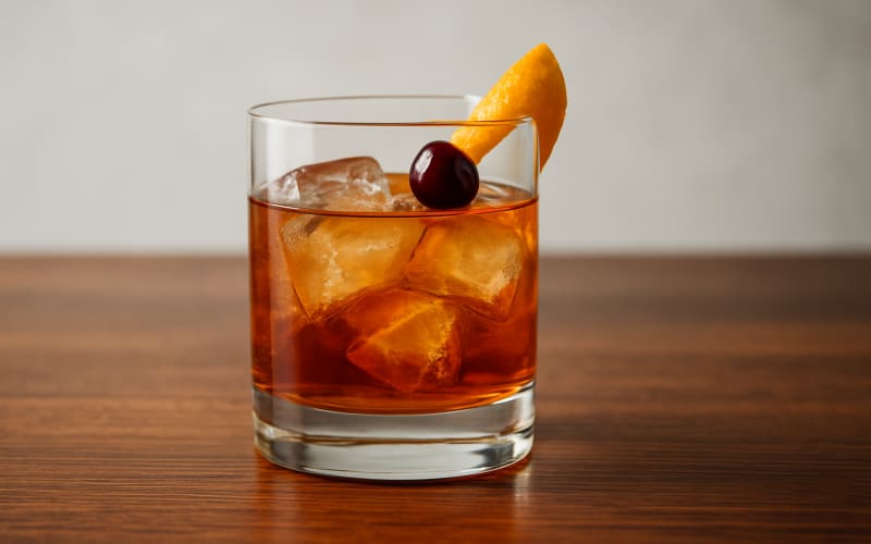 A Rye Old Fashioned cocktail garnished with an orange peel and cherry on a wooden bar counter.
