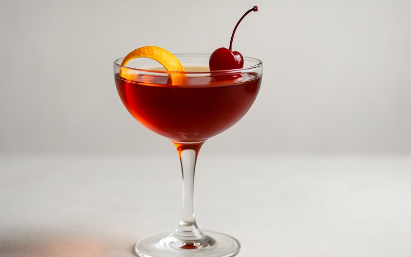 A classic Rye Manhattan cocktail garnished with a cherry and an orange twist in an elegant coupe glass.