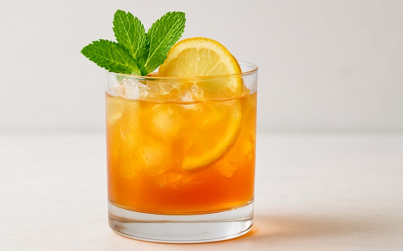 A vibrant Rye Whiskey Smash cocktail garnished with fresh mint leaves and lemon slices, served in a lowball glass.