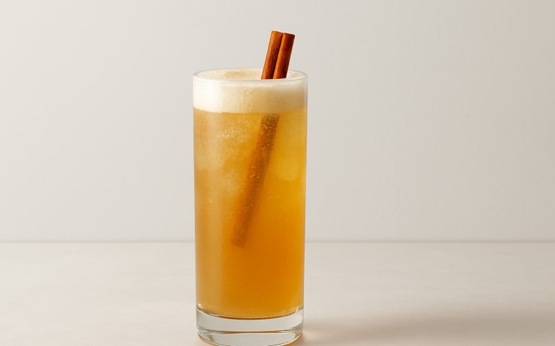 A tall glass filled with a bubbly Maple Rye Fizz cocktail garnished with a cinnamon stick.