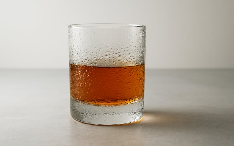 Image of a whiskey glass with condensation on a table, hinting at an overly cold temperature.