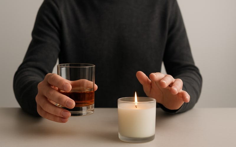 A person holding a glass of whisky in one hand and moving away a scented candle with the other hand.