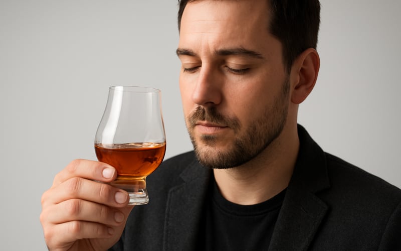 A person slowly swirling a glass of whiskey, taking time to appreciate its aroma.
