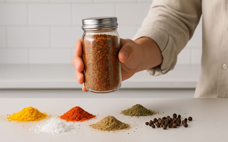 A person holding a spice jar with various spices scattered on a kitchen counter.