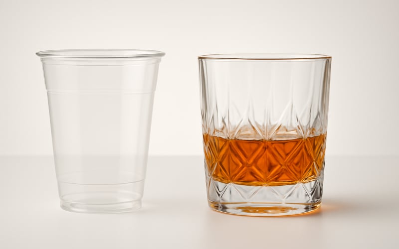 A close-up of a plastic cup next to a premium whiskey glass, highlighting the difference in material.