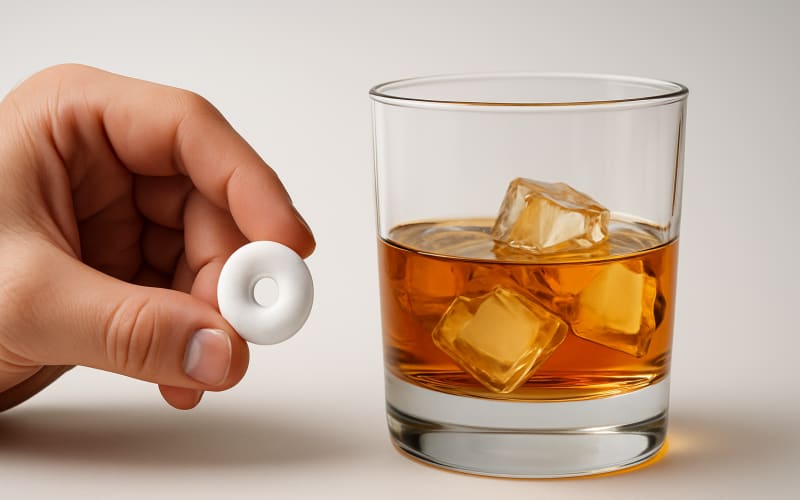 Close-up of a person holding a mint candy next to a glass of whiskey.