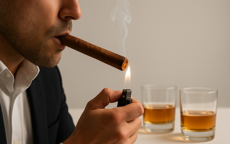 A person lighting a cigar with whisky glasses in the background.
