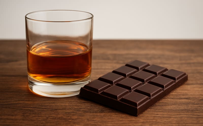 A close-up image of a whiskey glass next to a bar of gourmet dark chocolate on a rustic wooden table.