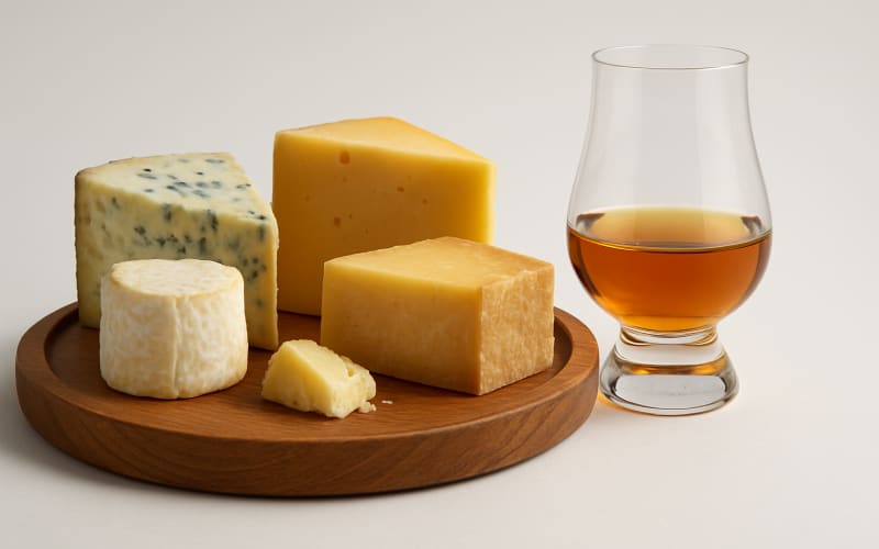 A wooden platter with a selection of cheeses paired with a glass of whiskey.