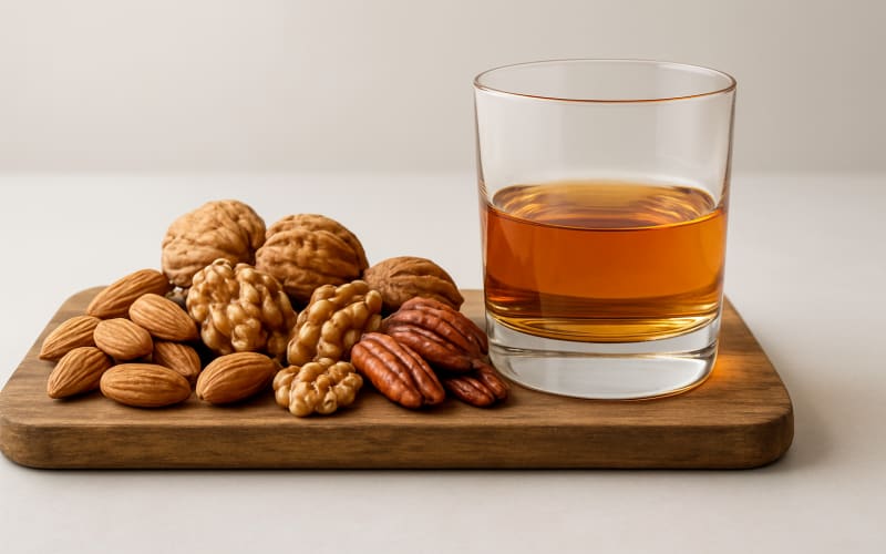 A wooden board with assorted nuts such as almonds, walnuts, and pecans next to a glass of whiskey.