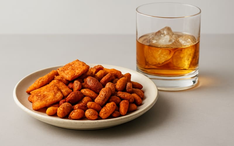 A small plate of assorted spicy snacks like spiced nuts and crackers next to a glass of whiskey.