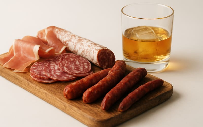 A selection of cured meats and sausages arranged on a wooden board beside a glass of whiskey.
