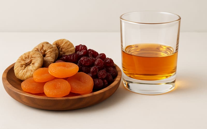 An assortment of dried fruits like figs, apricots, and cranberries arranged on a wooden platter next to a glass of whiskey.