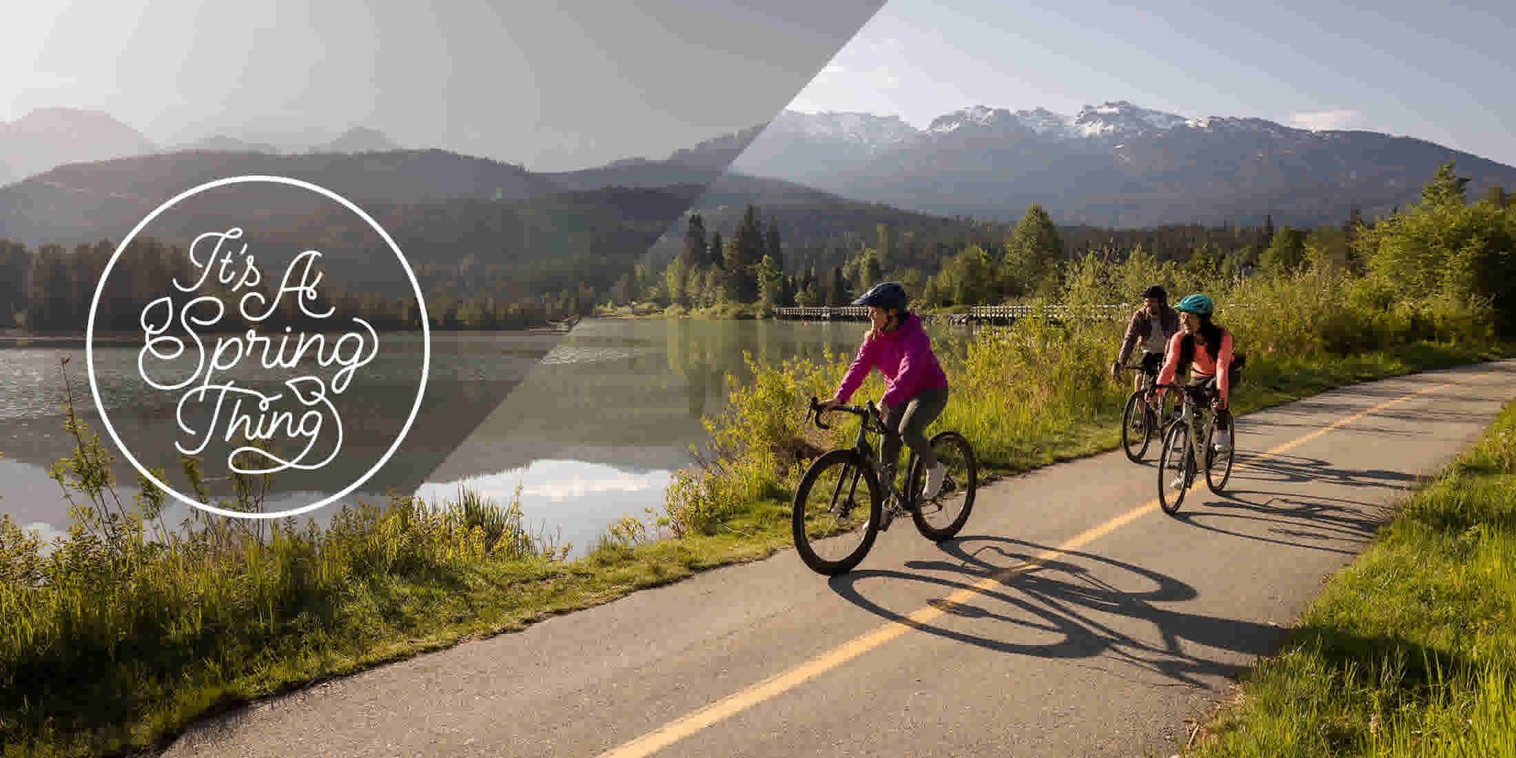 Riding beside Green Lake in spring in Whistler British Columbia