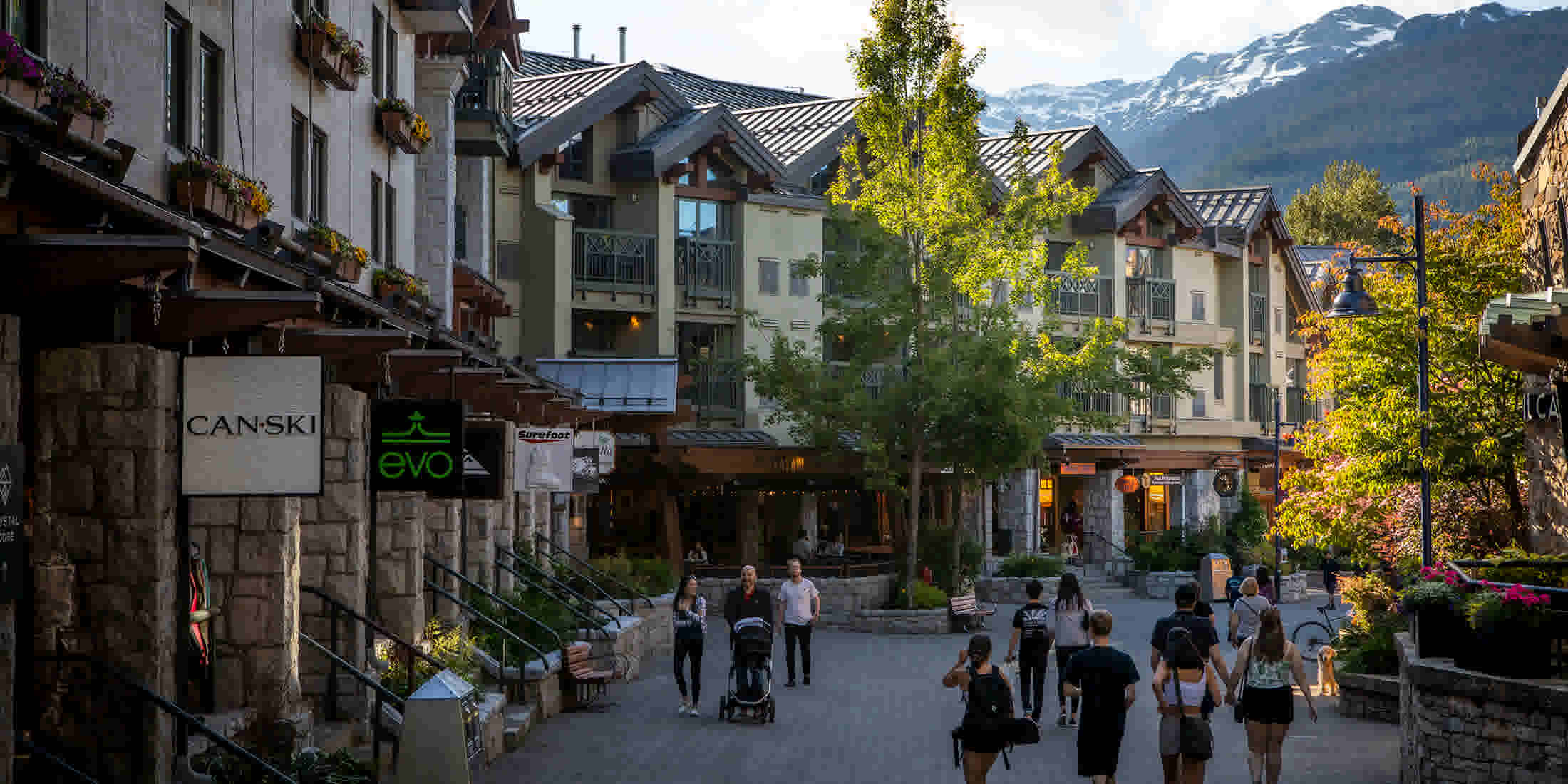 Whistler businesses along the Village Stroll in summertime