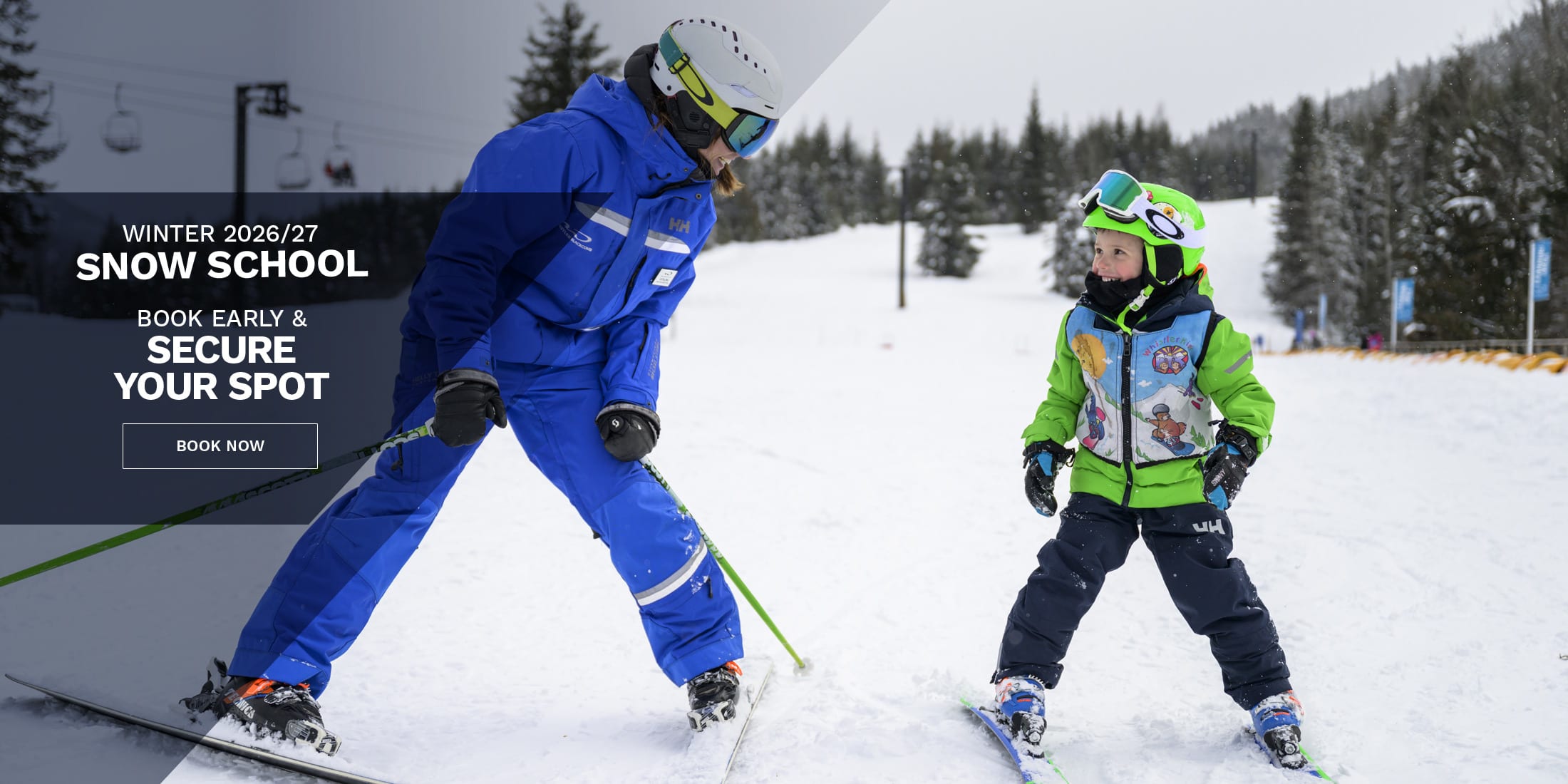 Ski instructor leading a beginner snow school lesson on Whistler Mountain with two kids skiing on a groomed run during winter.