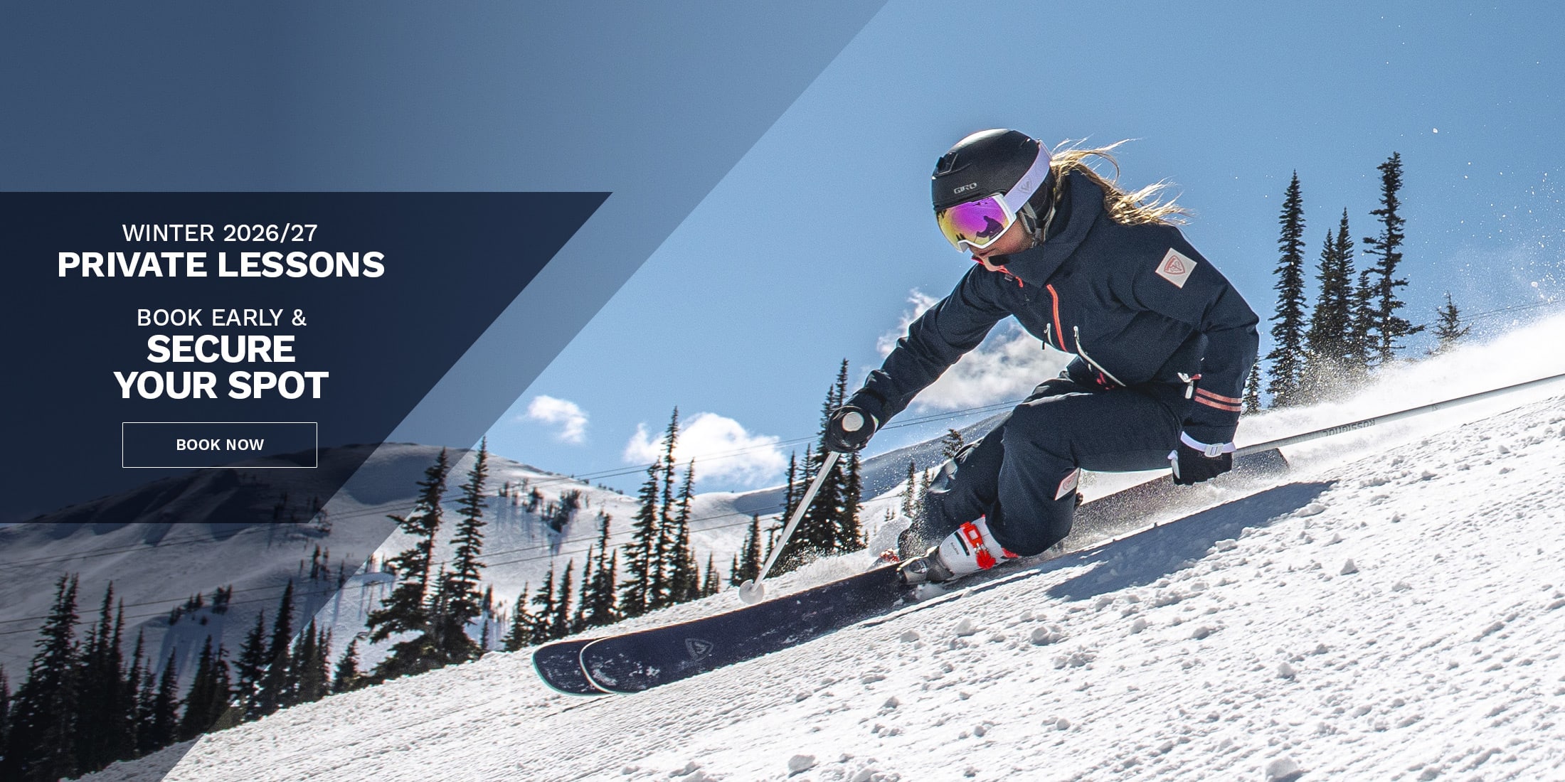 Skier carving across a groomed run at Whistler Blackcomb during a private ski lesson in Whistler, BC, wiht a promotional overlay saying 
