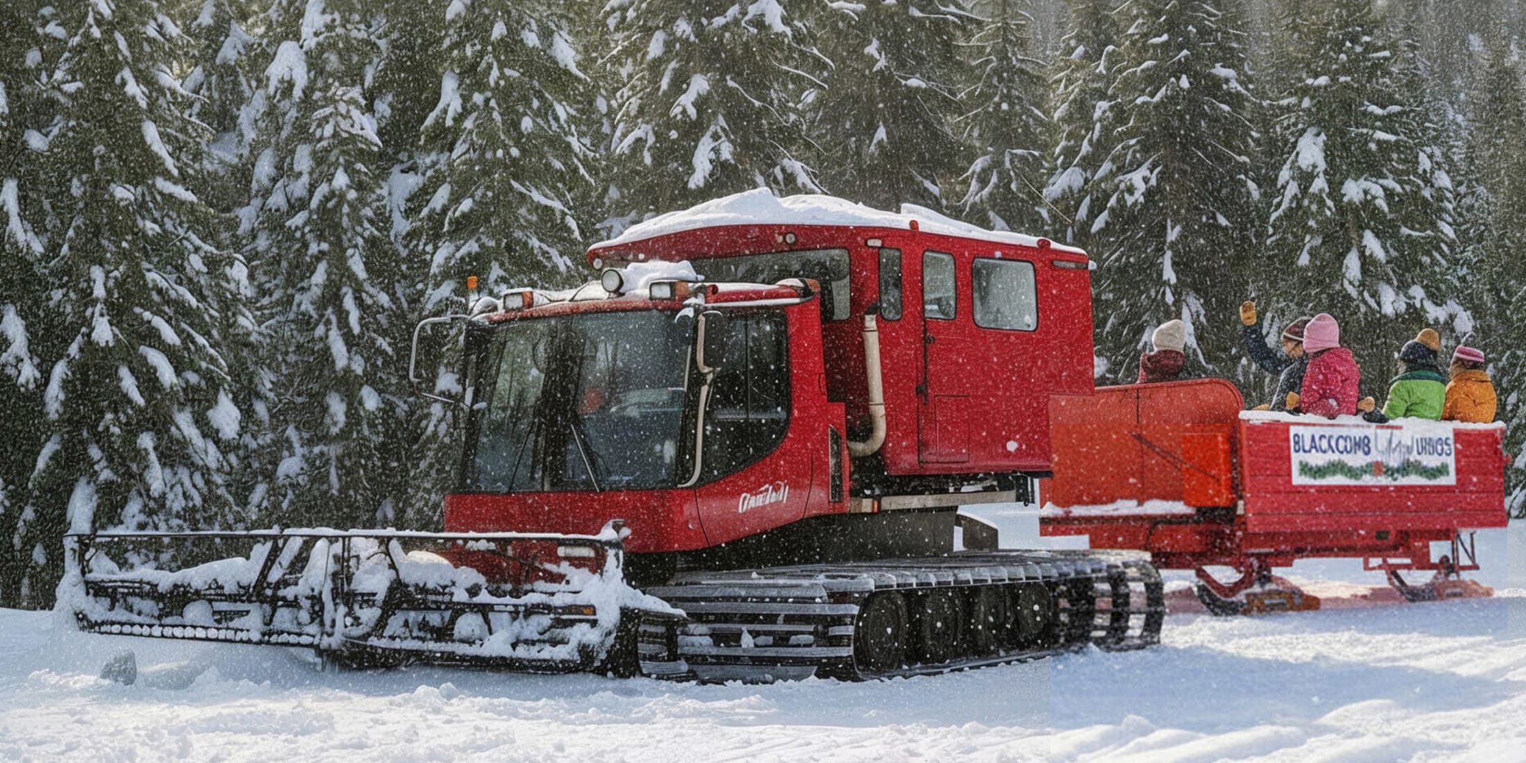 Red snowcat towing a passenger sleigh through a snow-covered forest during a winter tour in Whistler, BC.