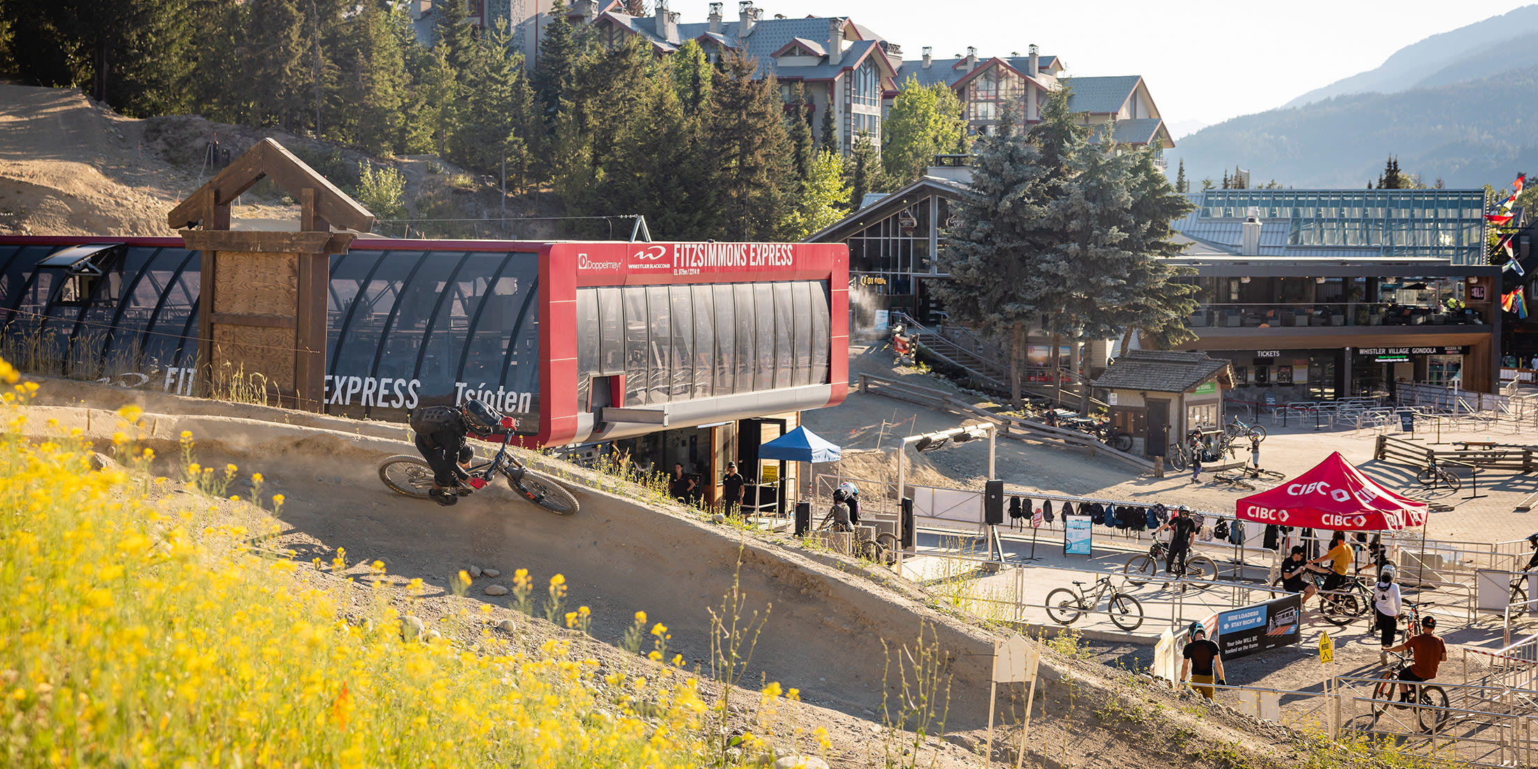 Mountain biker carving a berm near the Fitzsimmons Express in Whistler Village, with wildflowers in the foreground and Bike Park activity all around.