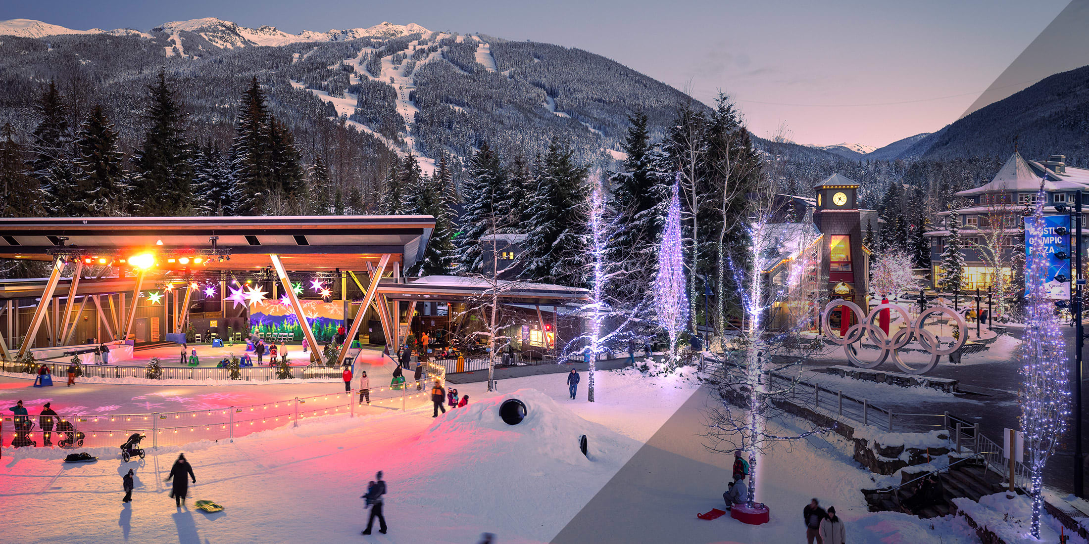People enjoying apres-ski on a sunny patio in Whistler Village