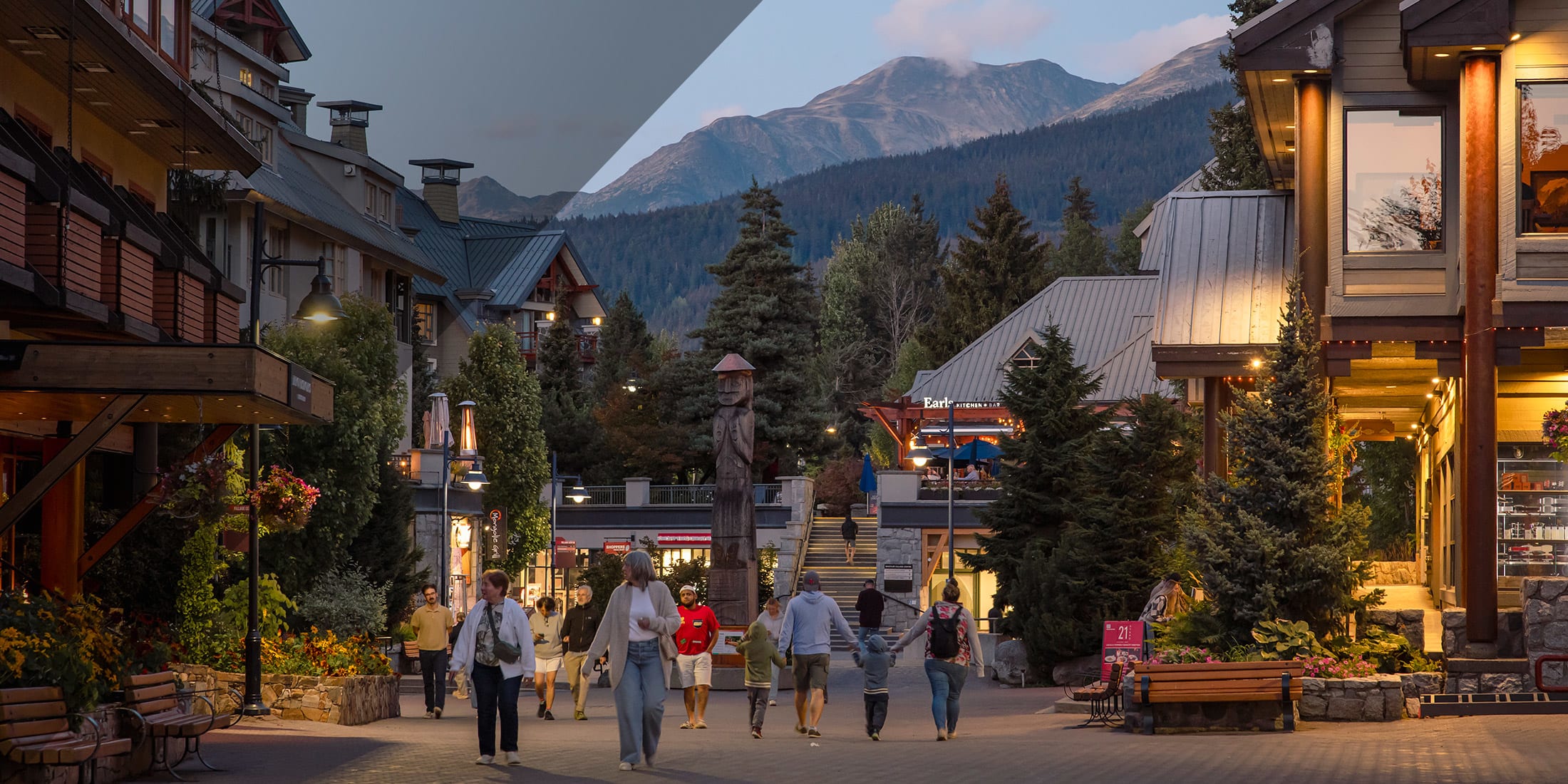 The Whistler Village Stroll at dusk in summer, with people walking and shopping.