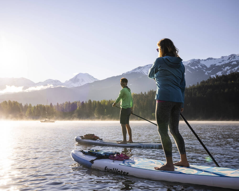 Two people paddleboarding on Alta Lake in spring