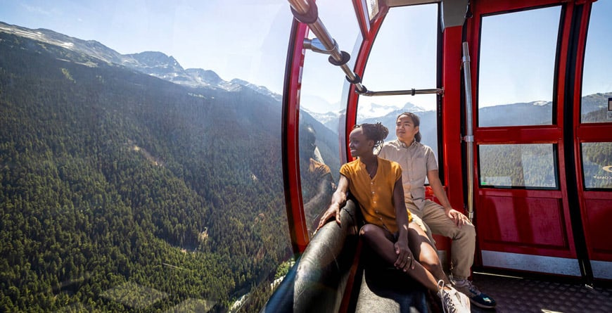 Two people sightseeing from the PEAK 2 PEAK Gondola at Whistler Blackcomb