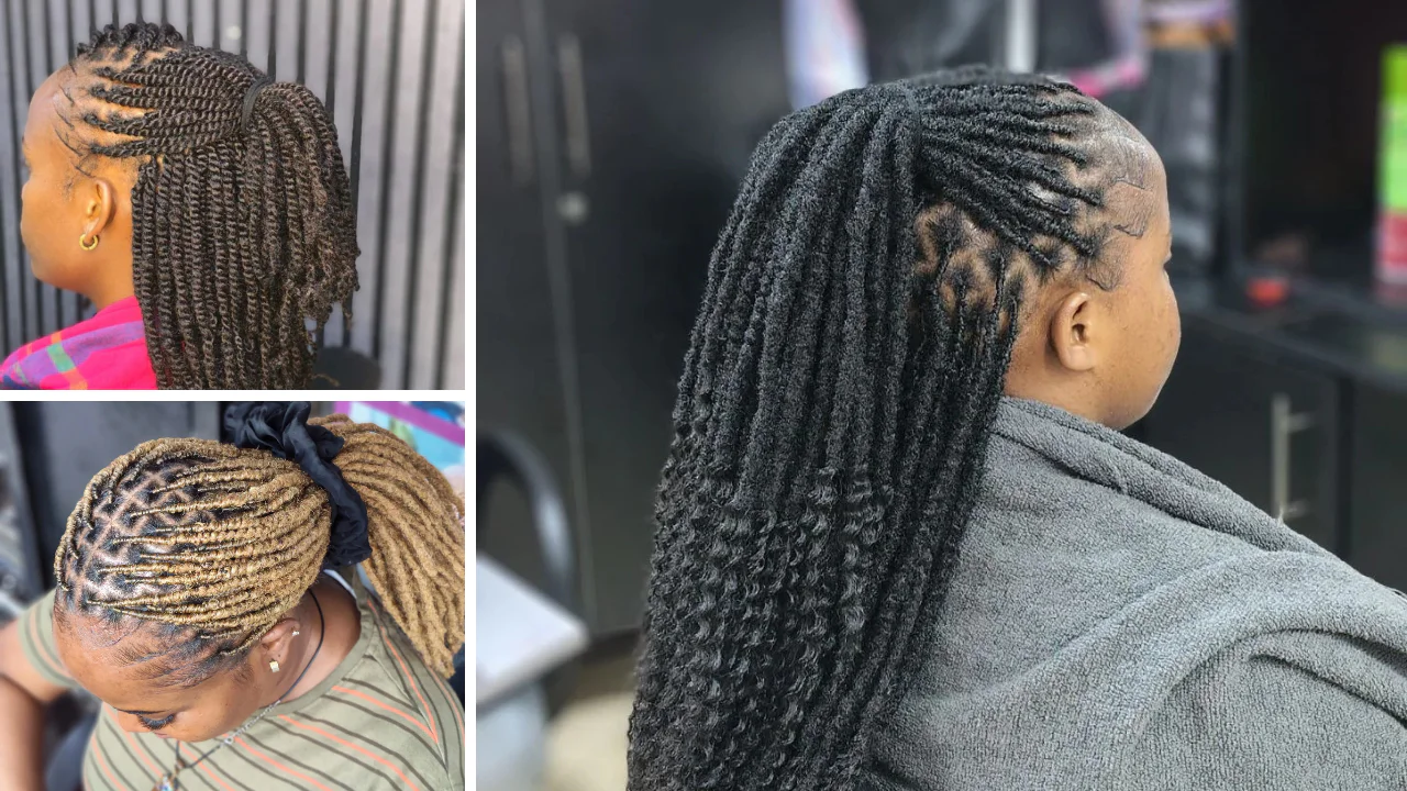 Different types of locs in Kenya including Island Locs, Sister Locs, Human Hair Locs, Micro Locs, and Gypsy Locs styled at Fabz Hair and Beyond