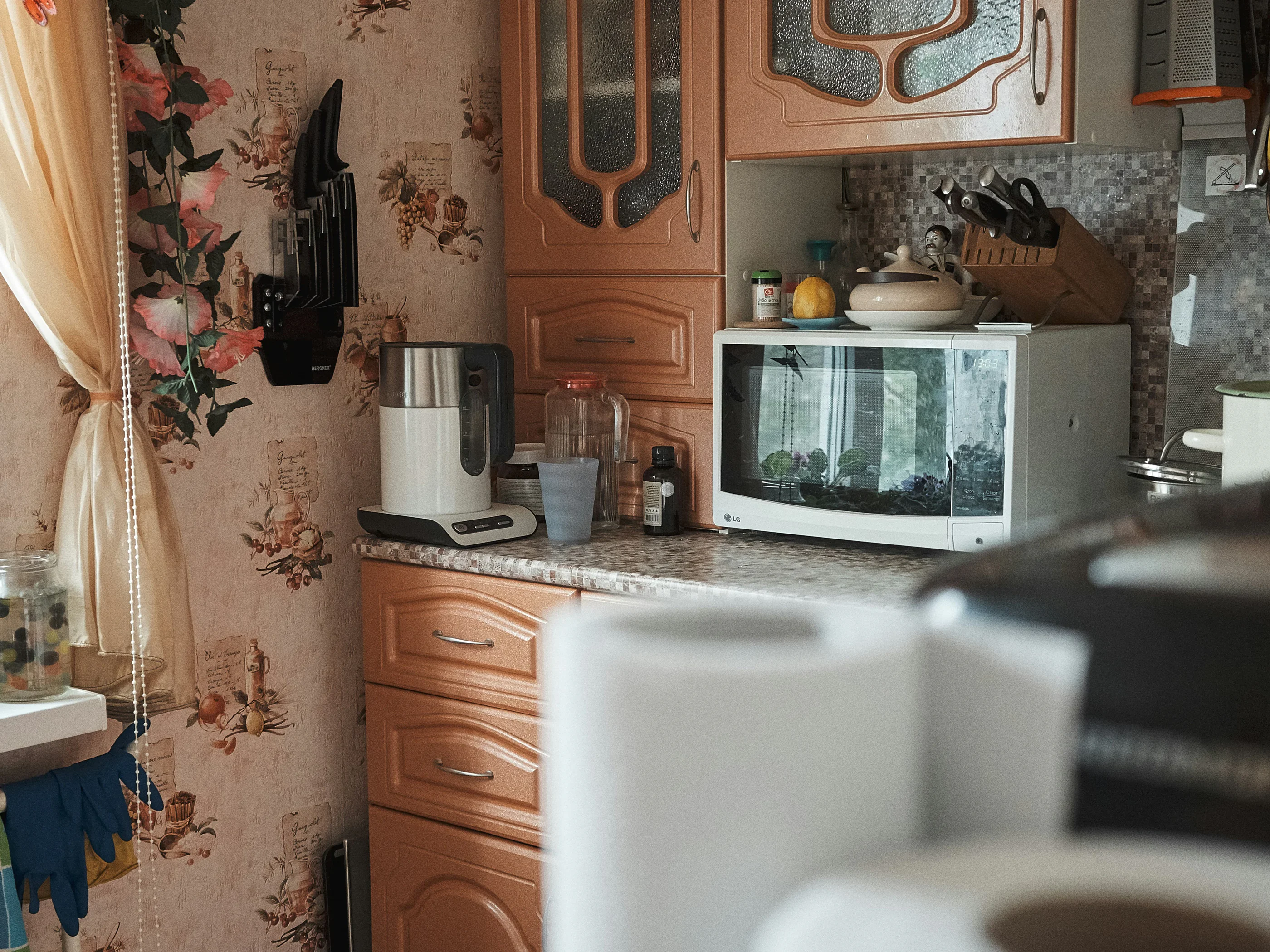 Close-up of a microwave oven.