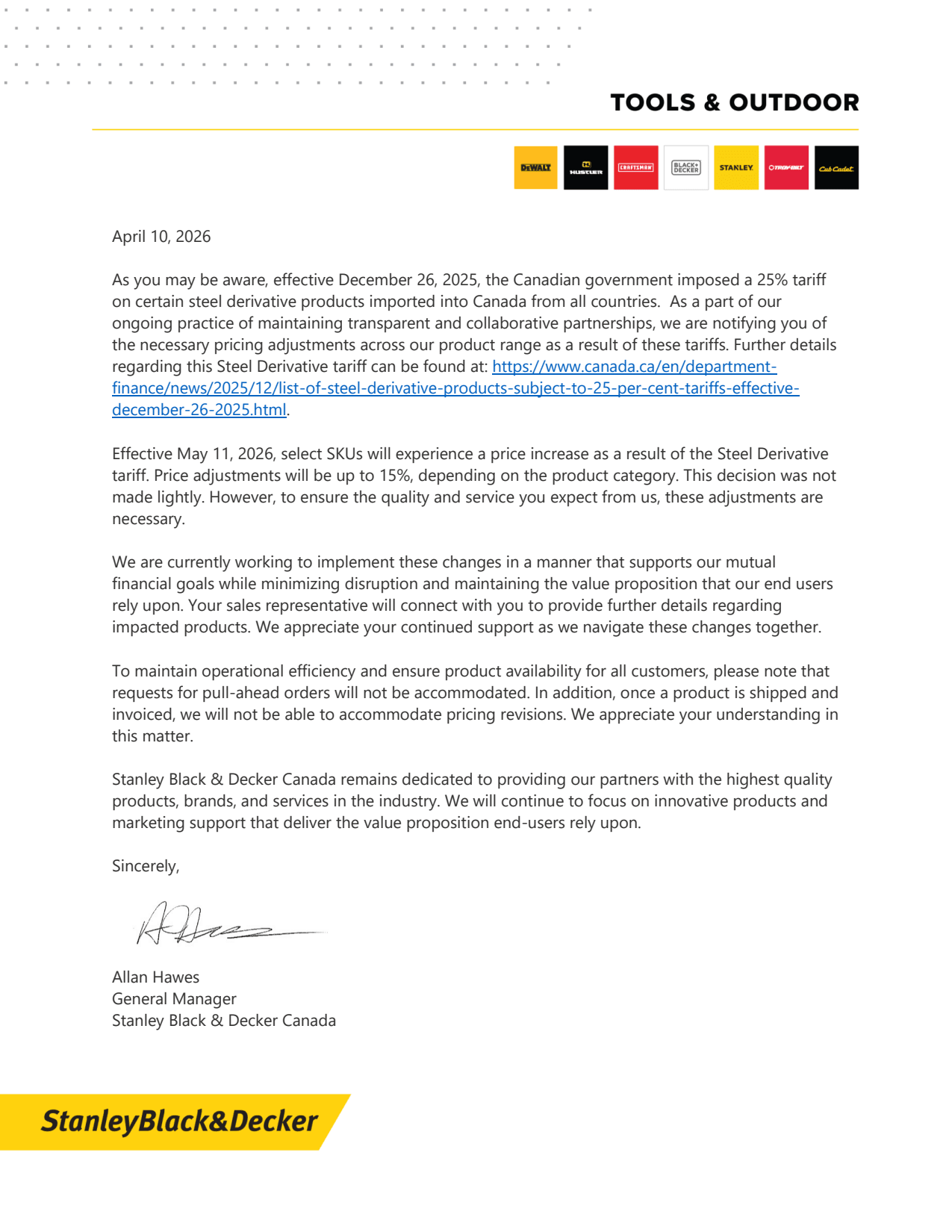 Stanley Black & Decker Canada pricing update effective May 11, 2026, with select SKUs increasing up to 15% due to steel derivative tariffs
