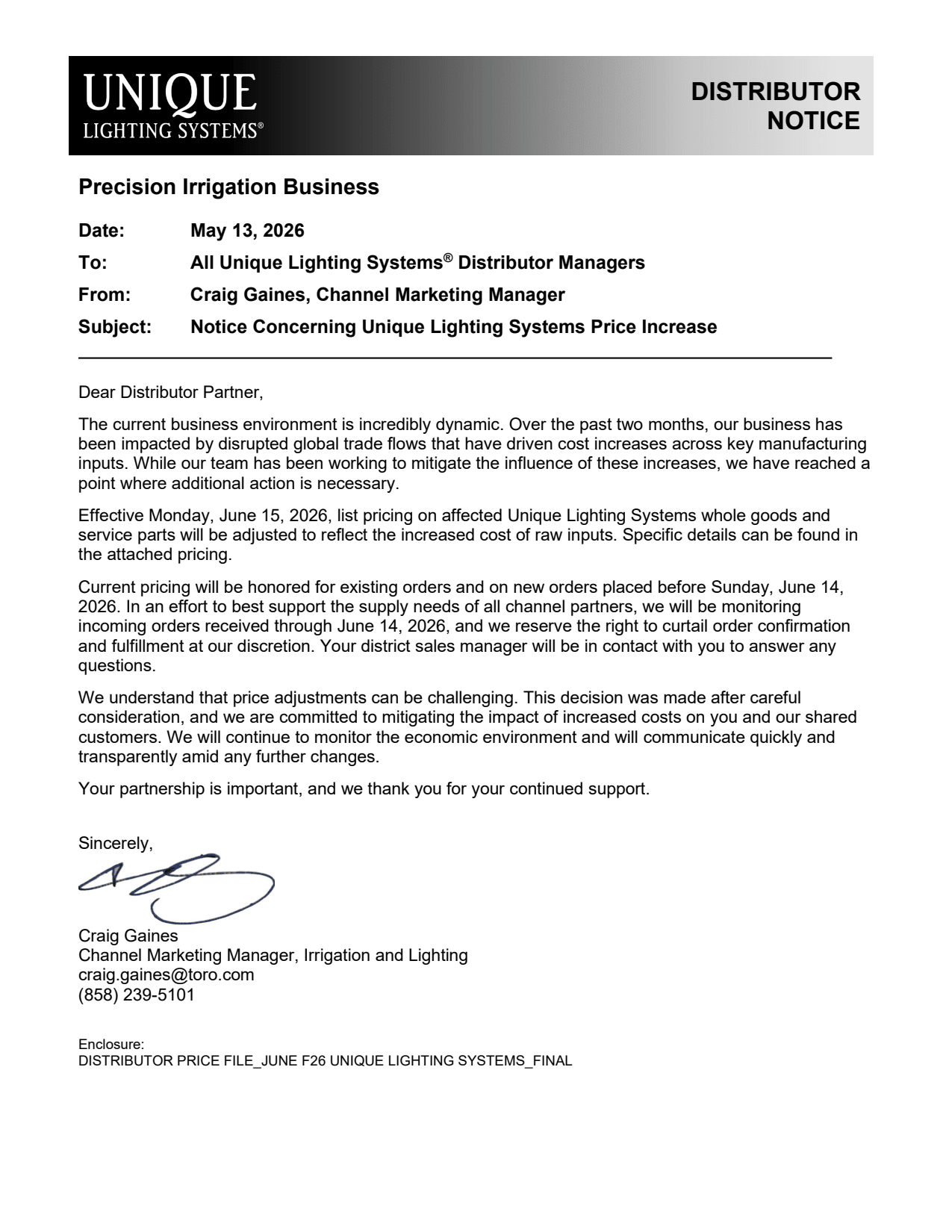 Unique Lighting Systems pricing update effective June 15, 2026, affecting select whole goods and service parts