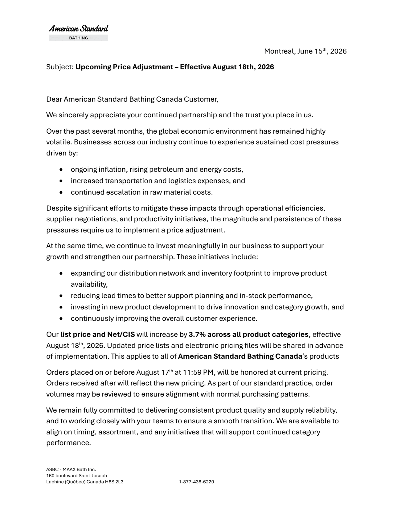 American Standard Bathing Canada pricing update effective August 18, 2026 announcing a 3.7% price increase across all product categories.