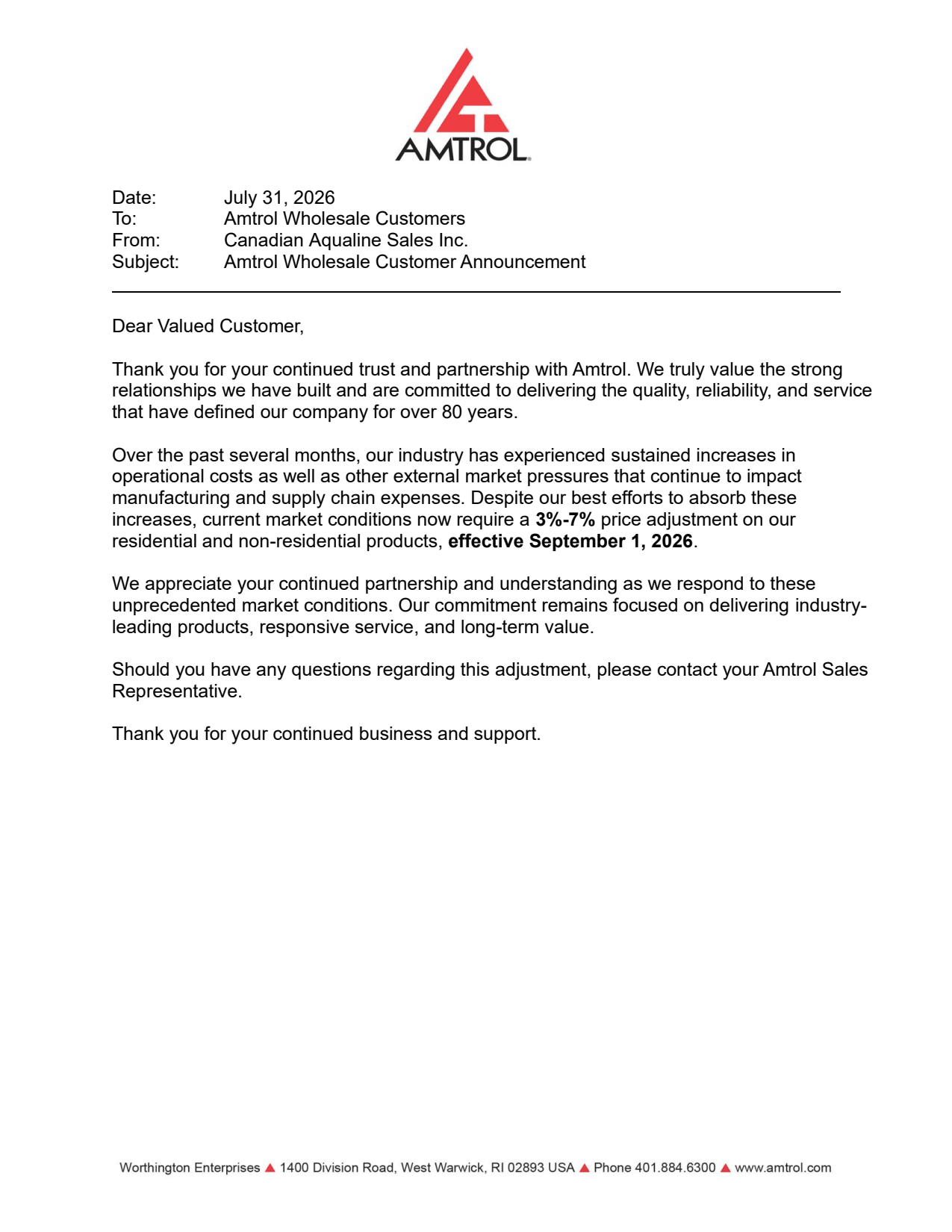 Amtrol pricing update effective September 1, 2026, with a 3%-7% increase on residential and non-residential products