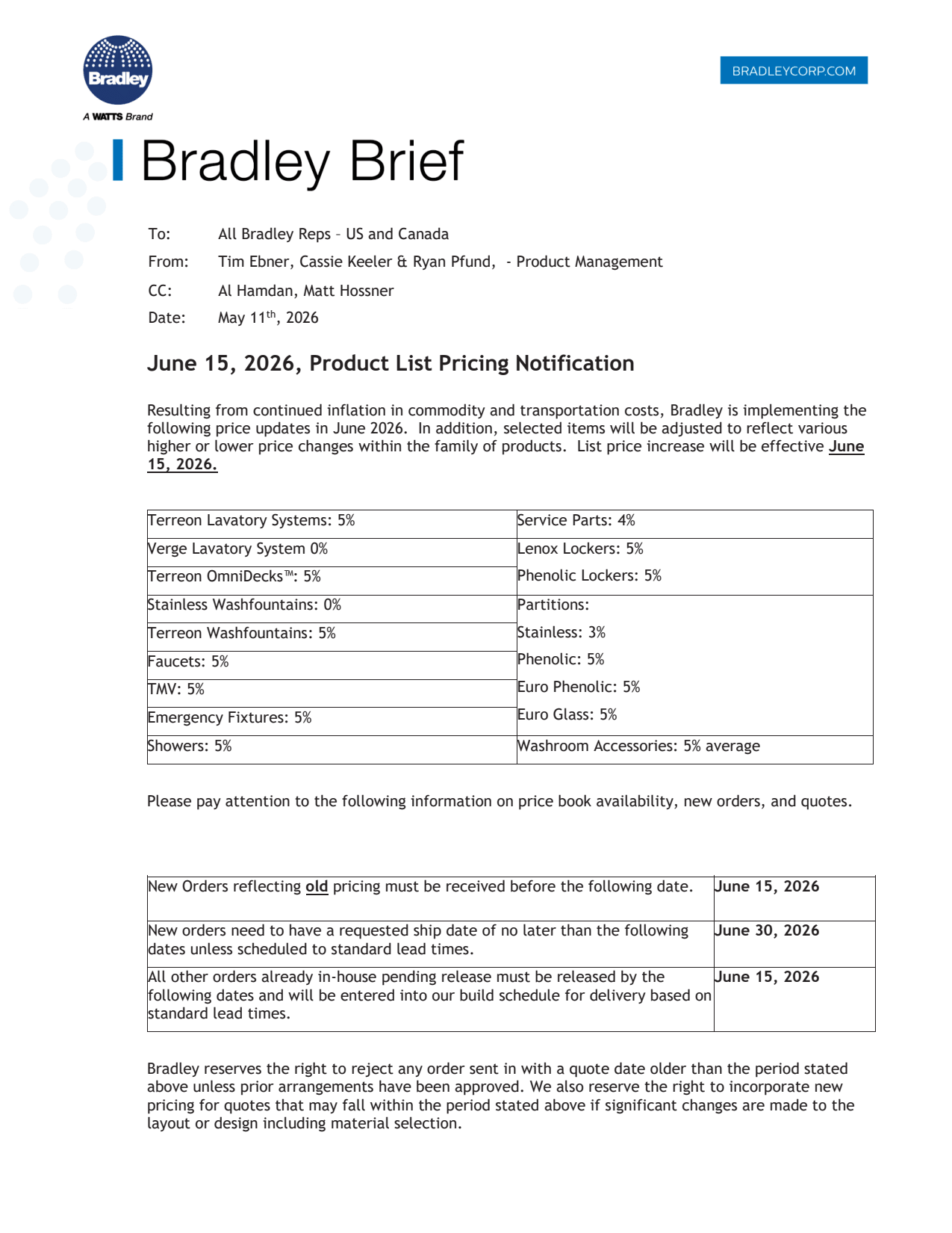Bradley pricing update effective June 15, 2026, with product list price changes from 0% to 5%