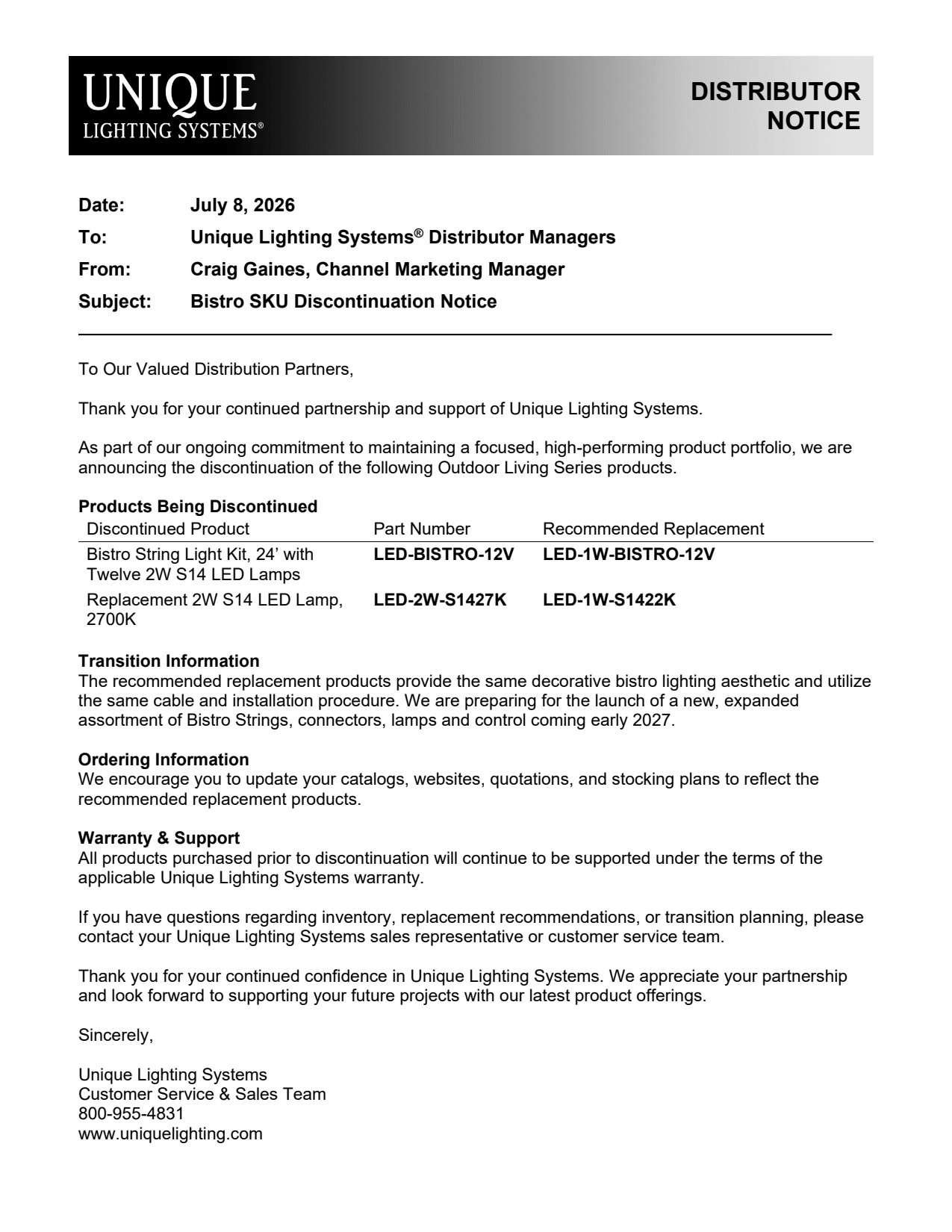 Unique Lighting Systems notice dated July 8, 2026, announcing Bistro string light kit and LED lamp discontinuations