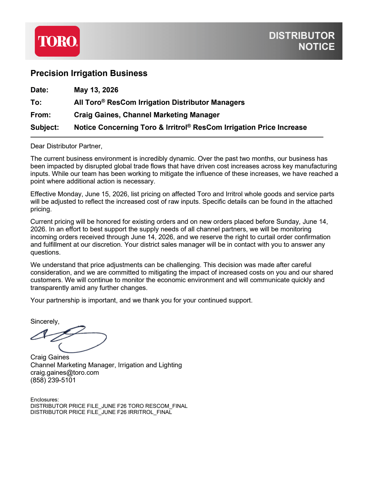 Toro and Irritrol ResCom irrigation pricing update effective June 15, 2026, for affected whole goods and service parts