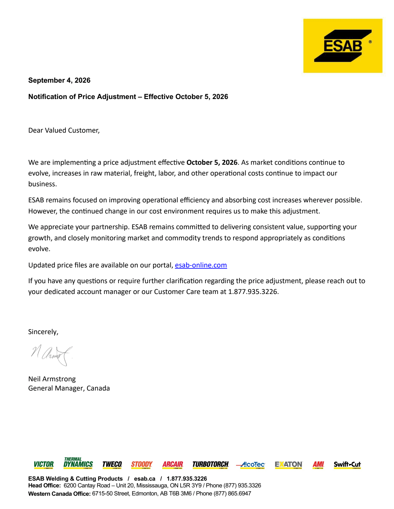ESAB pricing update effective October 5, 2026, announcing a price adjustment due to increased material, freight and labor costs