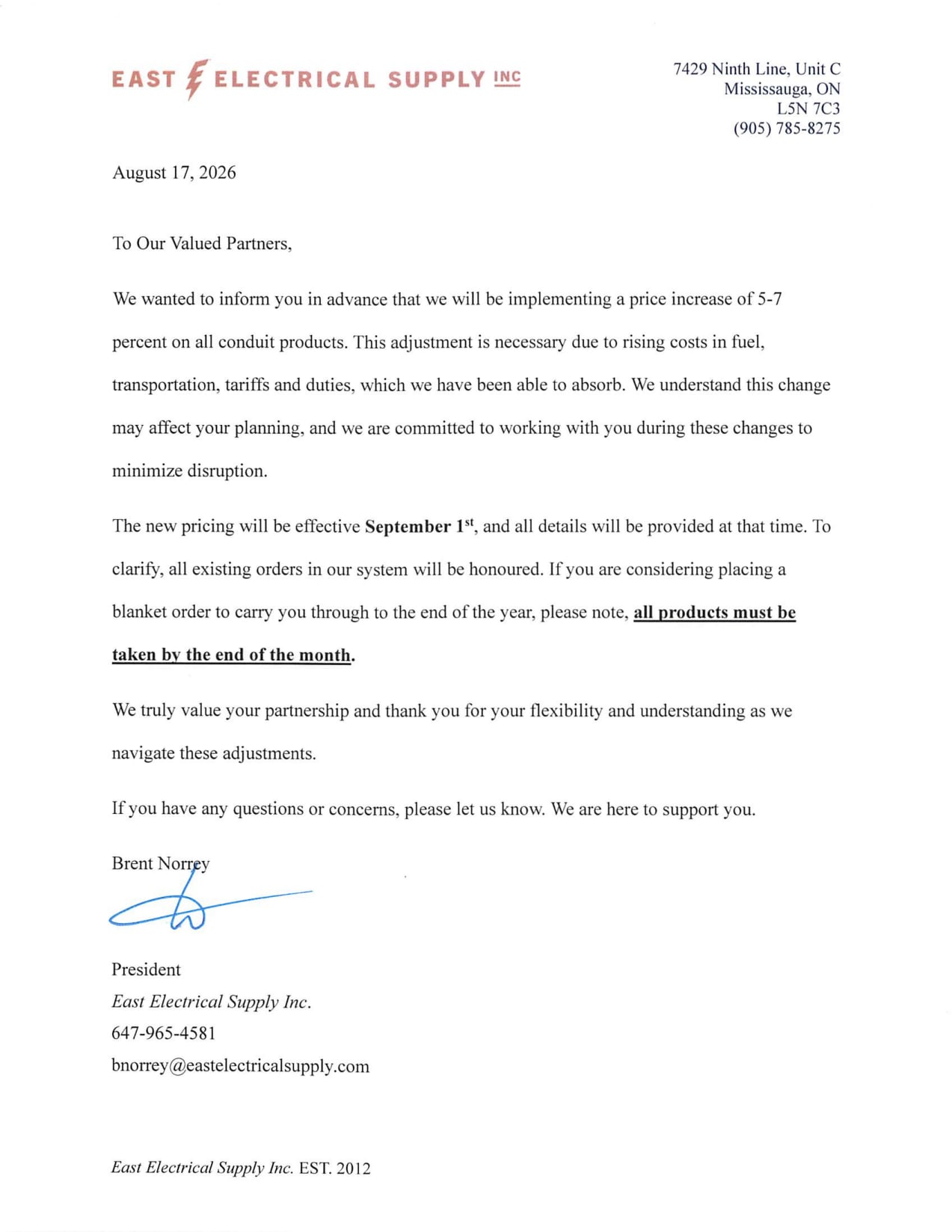East Electrical Supply pricing update effective September 1, 2026, with a 5–7% increase on all conduit products