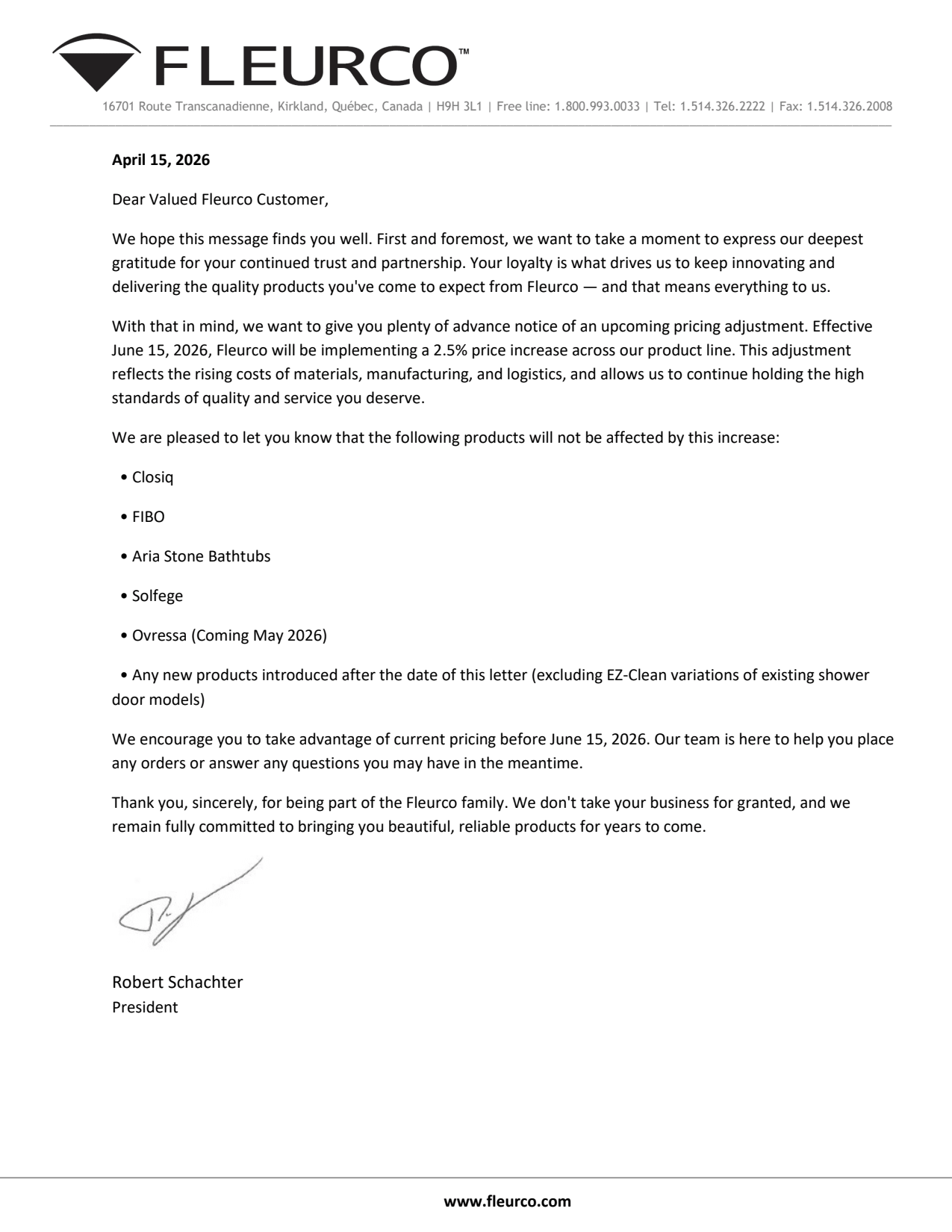 Fleurco pricing update effective June 15, 2026, announcing a 2.5% price increase with select product exclusions