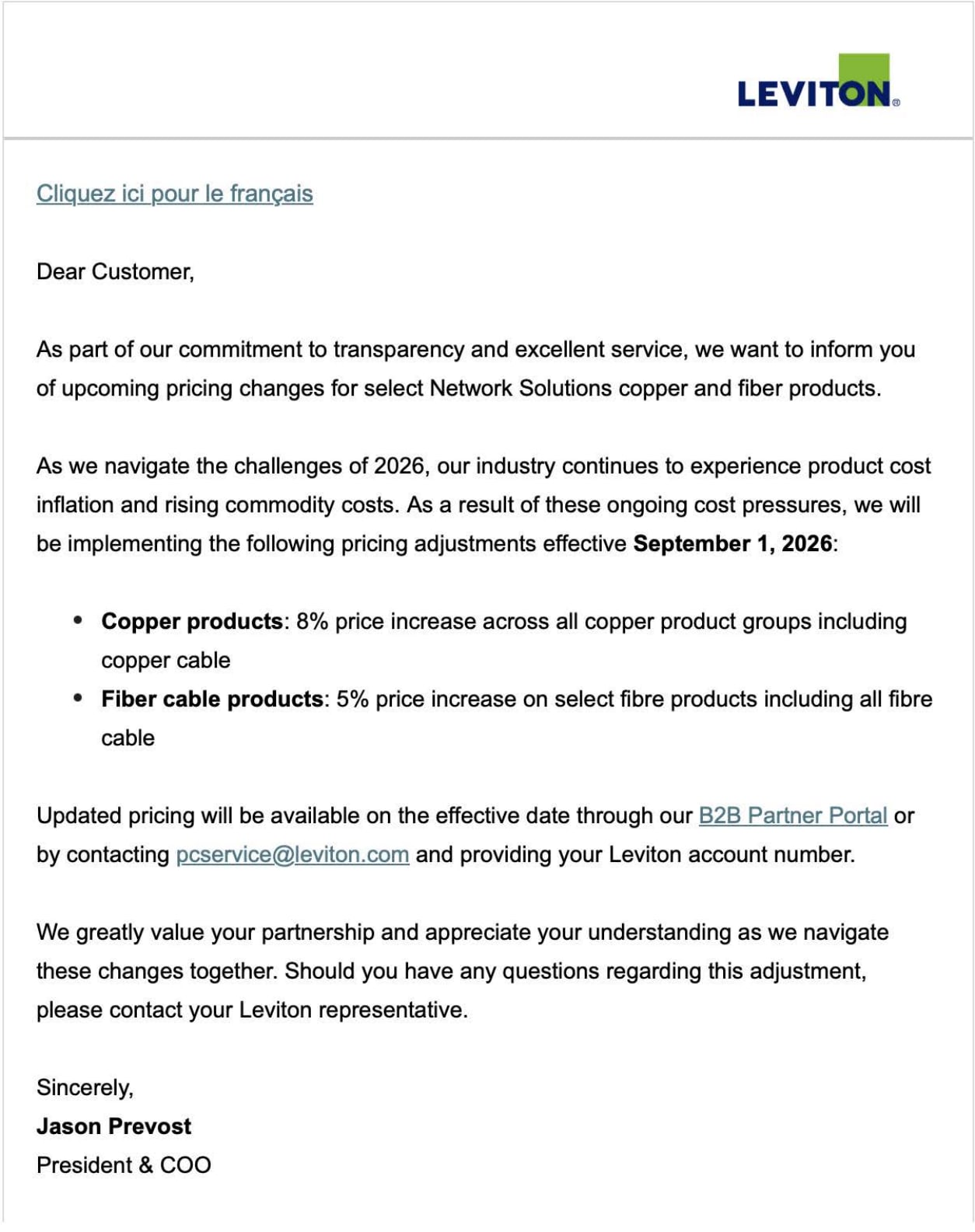 Leviton pricing update effective September 1, 2026, with an 8% increase on copper products and 5% on select fibre products