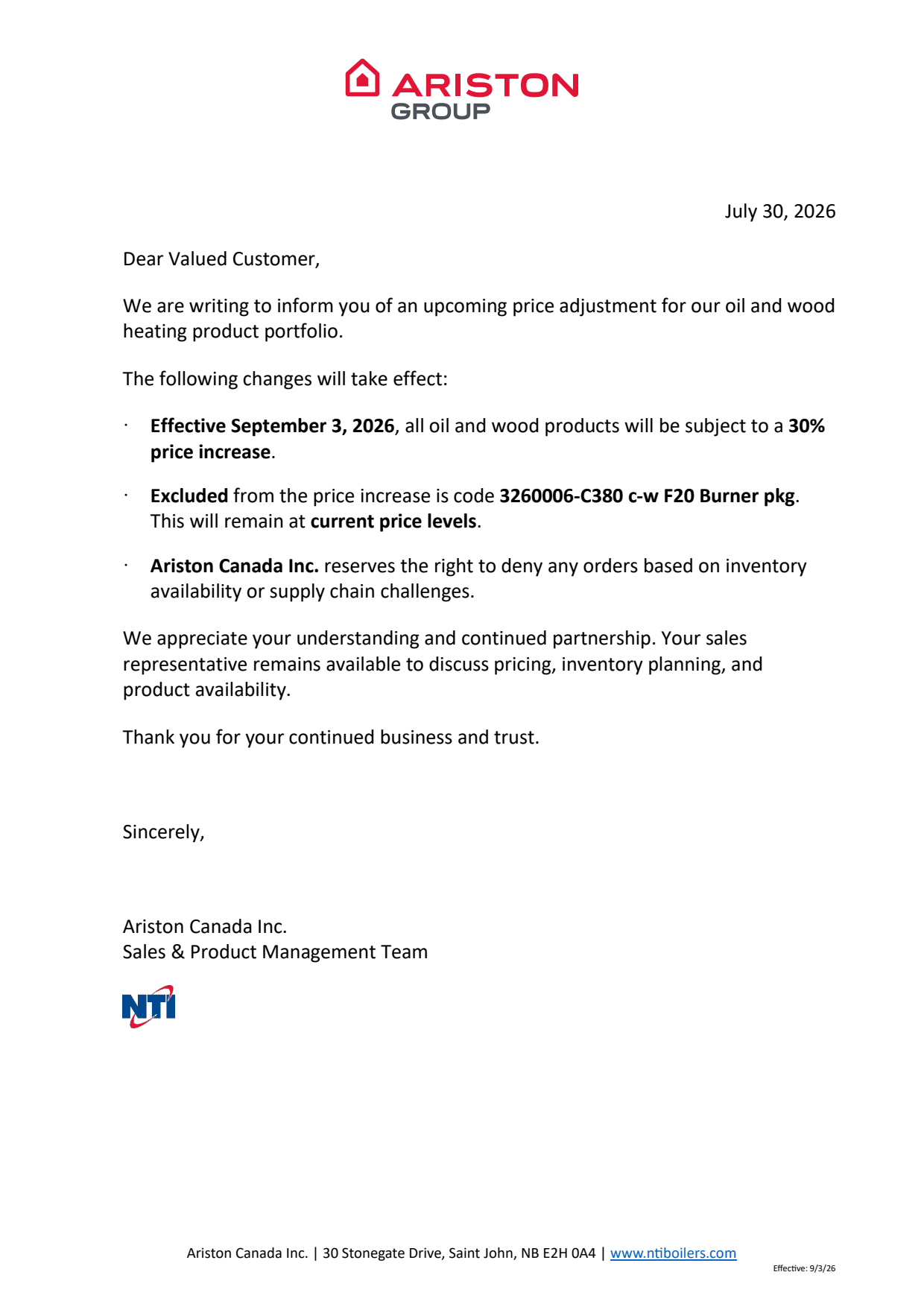 NTI pricing update effective September 3, 2026, with a 30% increase on oil and wood heating products